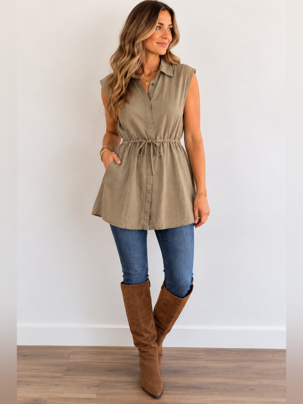 Zara Taupe Tie-Waist Shirt Dress – XS